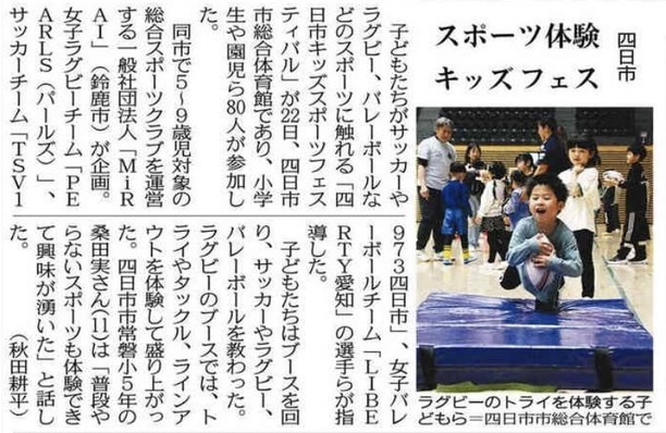 四日市アリーナで開催されたキッズスポーツフェスティバルの様子が中日新聞に掲載された記事の写真。子どもたちがMiRAIの運動プログラムに参加している場面。
